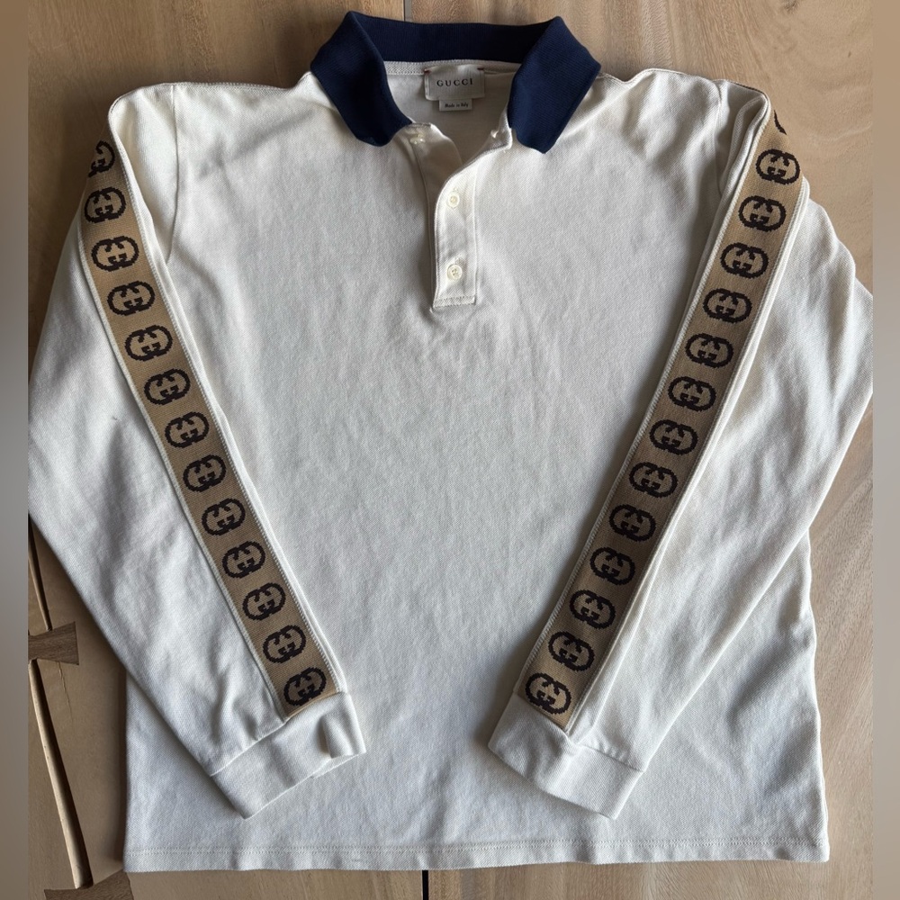 GUCCI Boys Cream Polo with Navy Collar